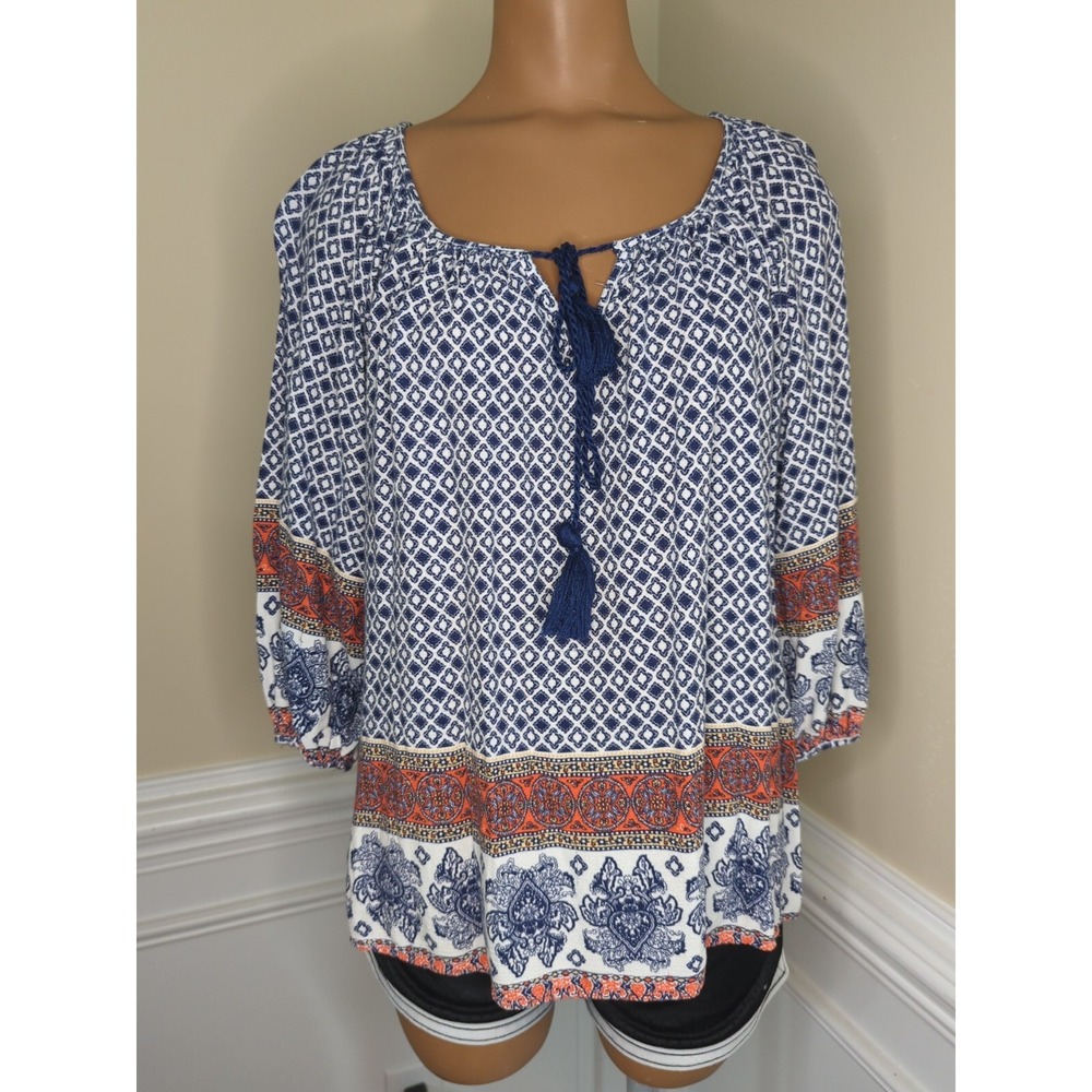 Crescent White blue orange geometric paisley medallion top blouse Small 3/4 slv